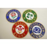 A set of four cast iron plaques depicting the Four Nations Rugby Union teams, 9.5" diameter