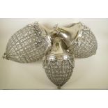 A set of three graduated dome shaped glass and plated electric ceiling light fittings, largest 23"