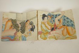 A Chinese concertina book depicting erotic scenes, 7" x 5"