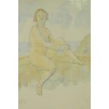Study of female bather on a coastal wall, signed Hope Joseph, watercolour and pencil, 12" x 9½"