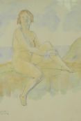 Study of female bather on a coastal wall, signed Hope Joseph, watercolour and pencil, 12" x 9½"