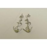 A pair of sterling silver earrings in the form of anchors, 1" drop