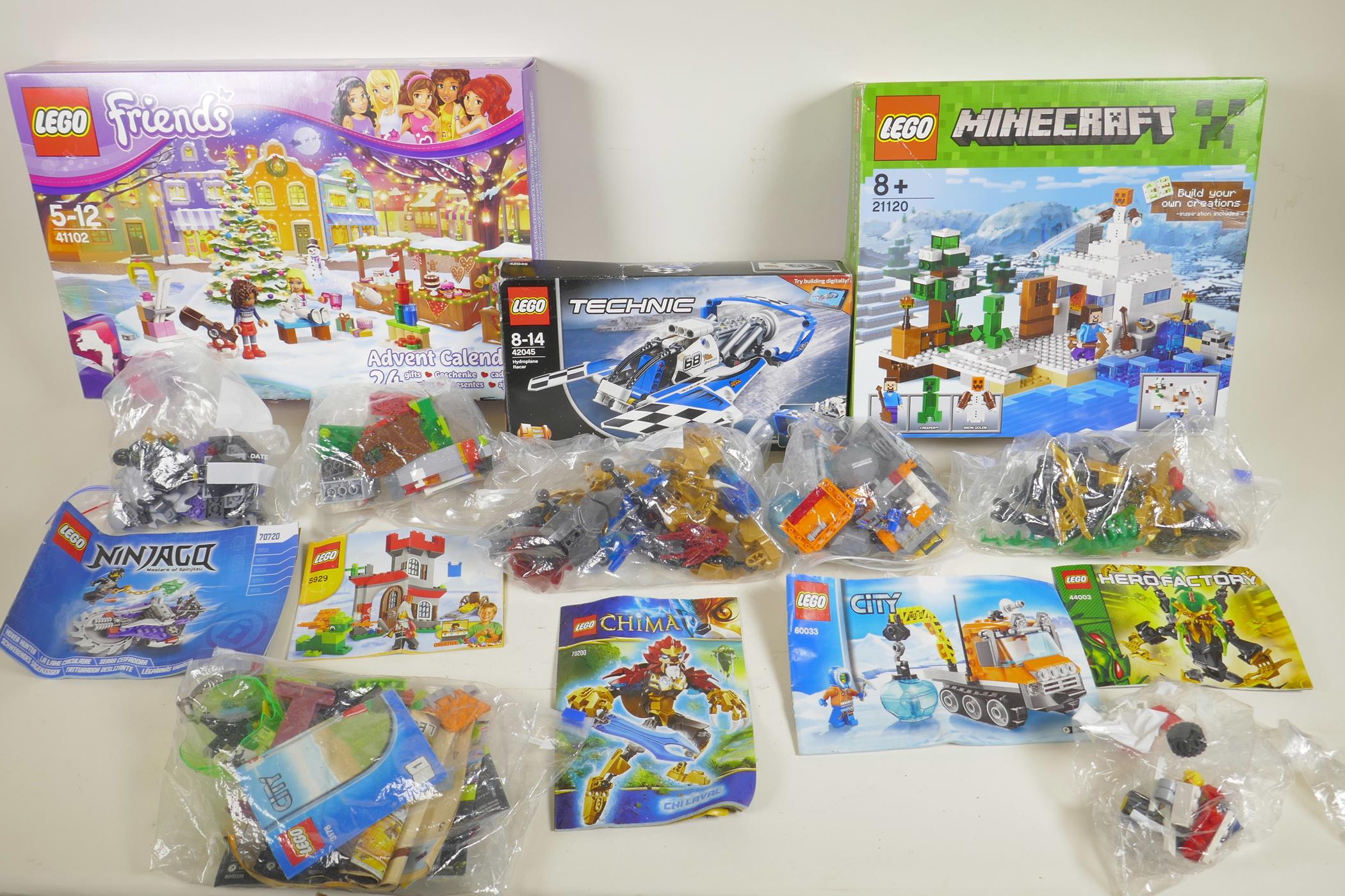 A quantity of Lego sets, some boxed, to include 'Friends, advent calendar 41102', 'Minecraft 21120',