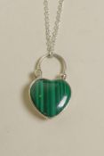 A silver pendant necklace in the form of a heart shaped padlock set with a malachite panel, 1"