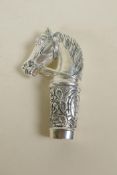 A silver plated cane handle in the form of a horse's head, 3¼" long