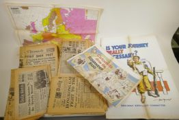 A quantity of WWII era newspapers and three posters