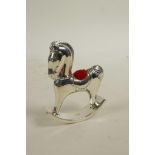 A 925 silver pin cushion in the form of a rocking horse, 2½" high