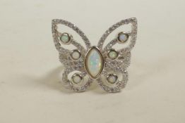 A 925 silver butterfly ring set with cubic zirconium and an opalite panel, approximate size 'O'