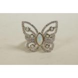 A 925 silver butterfly ring set with cubic zirconium and an opalite panel, approximate size 'O'