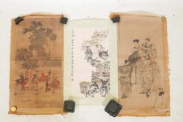 Three Chinese printed scrolls depicting figures in landscapes with animals, 12" wide