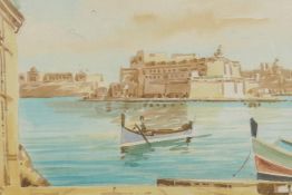 Joseph Galea (Maltese), Customs house, watercolour view of Malta, 1963, 7" x 5"