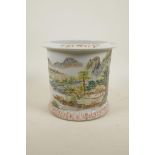 A late C19th/early C20th Chinese famille verte porcelain brush pot decorated with a riverside