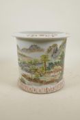 A late C19th/early C20th Chinese famille verte porcelain brush pot decorated with a riverside