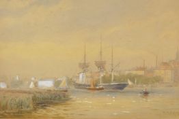 W.W. May, river inlet with moored three masted ships, lighterman in foreground and city on the far