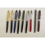 Nine assorted Sheaffer fountain pens, some with 14ct gold nibs