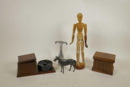 An assorted collection of desk top items to include a Bakelite cigarette box and ashtray, a puzzle