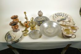 A box of various metalwares including tudric pewter tazza, brass candlesticks, copper etc
