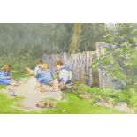 Children playing in a garden, signed Joseph Appleyard, watercolour sketch, 7½" x 10"