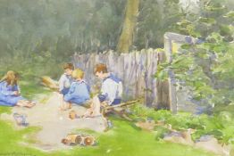 Children playing in a garden, signed Joseph Appleyard, watercolour sketch, 7½" x 10"