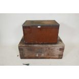 A pine trunk, 32" x 17" x 13", and a mahogany shoe shine box