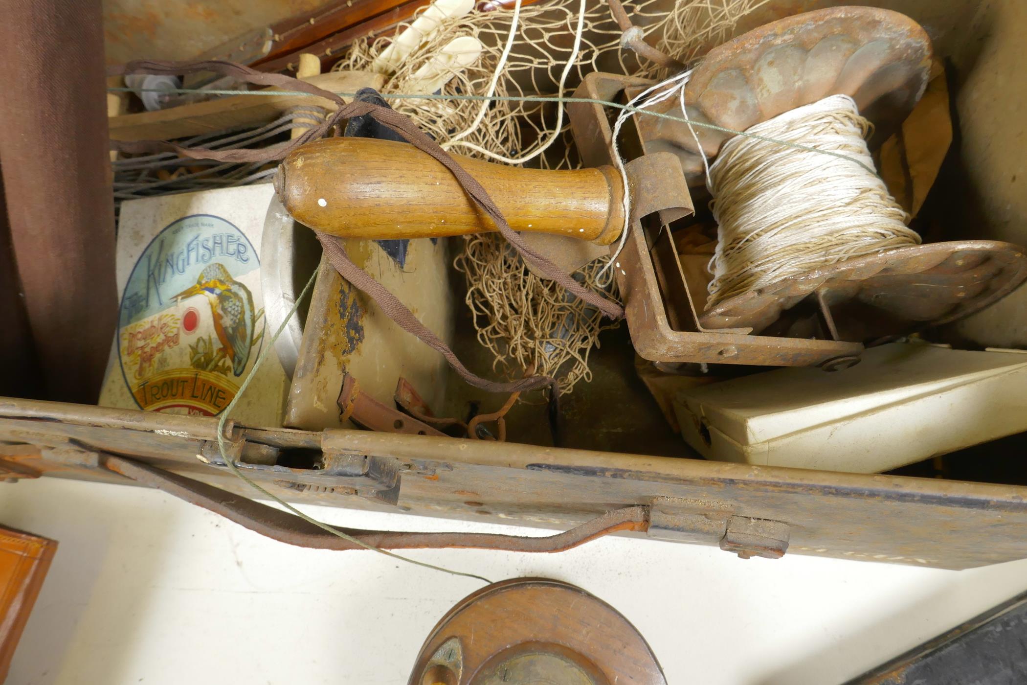 An ammunition box containing a quantity of vintage fishing equipment including wood and brass - Image 4 of 4