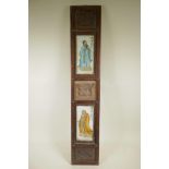 A Chinese carved wood wall panel with two porcelain panels decorated with dignitaries, 37" x 7"