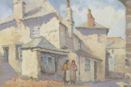 Two figures in a street, inscribed on frame plaque 'Newlyn, Gyrth Russell', oil on canvas board,