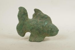 An early Burmese bronze goldfish with striated decoration, 6" long