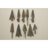 A collection of ten archaic bronze arrowheads, 3½" longest