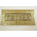 A vintage brass letterbox with Art Nouveau design and marked letters, 9¾" x 4¾"