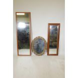 A gilt composition oval wall mirror and two other hall mirrors, largest 62" x 20"
