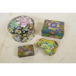 An Oriental cloisonne trinket box with floral decoration, 4" x 3" x 1½", a similar metal box