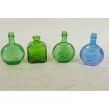 Four green and blue glass chemist bottles, 3" high, three embossed with portraits of American