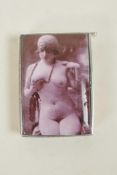 A silver plated vesta case set with a pictorial cold enamel plaque depicting a Victorian nude, 1½" x