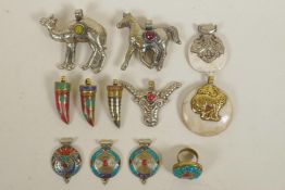 A quantity of Indian white metal, stone and composition set jewellery to include pendants and