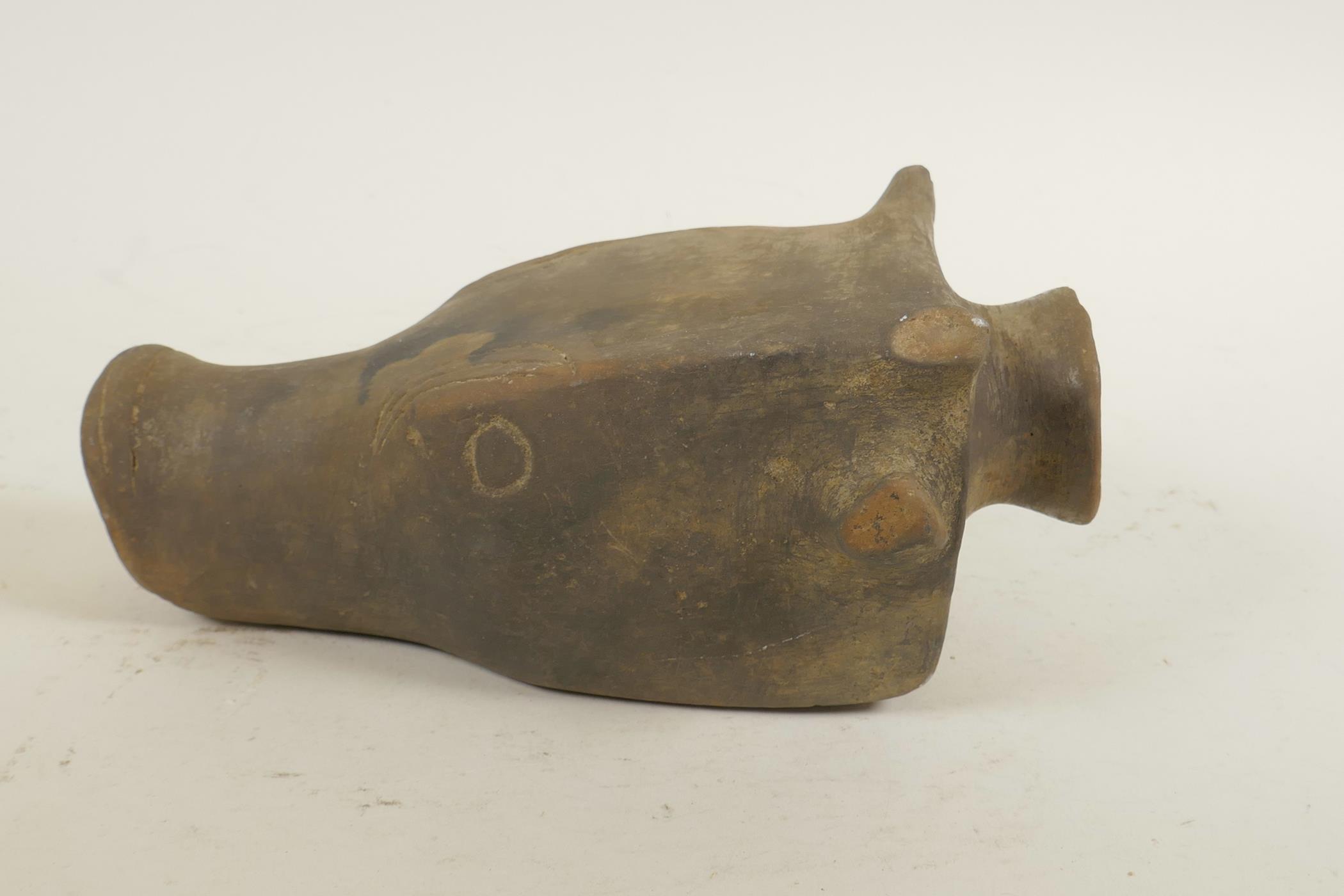 An Indo-Persian terracotta rhyton in the form of a deer head, 8" long, A/F - Image 3 of 4