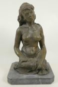 A bronze figure of a female nude, marked Leonard, 14" high