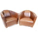 A pair of vintage leather Aviator style tub chairs, 26" high, a/f leather scratched