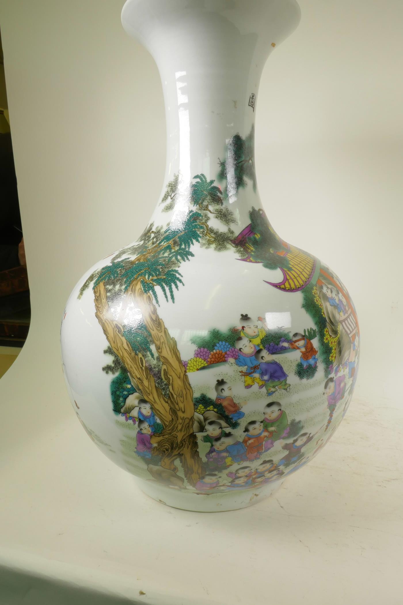 A Chinese porcelain vase with long neck and flared rim decorated with boys and calligraphy, 21" high - Image 4 of 6