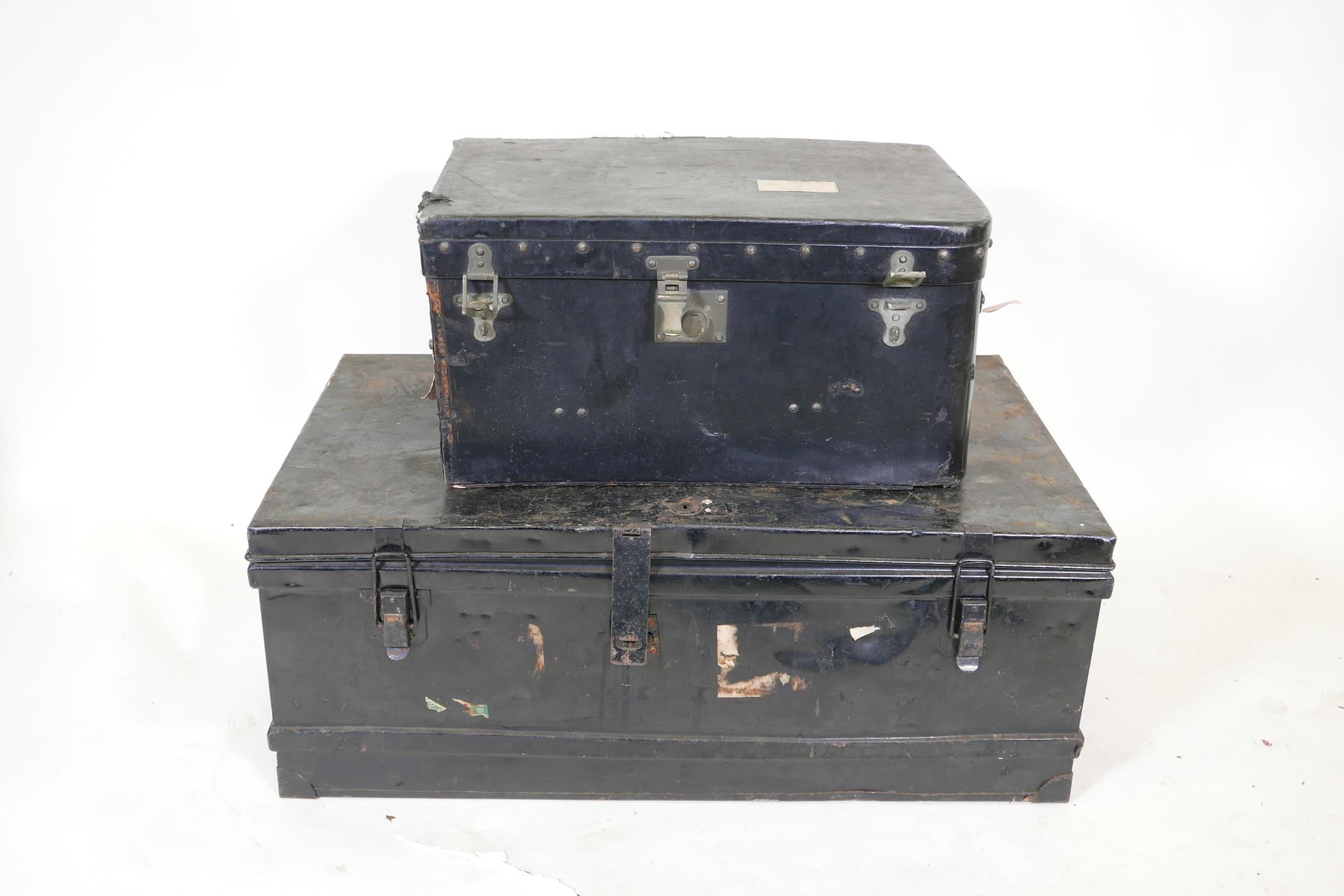 A 'Finnigans' canvas and leather bound travel trunk together with a tin trunk, largest 36" x 21",