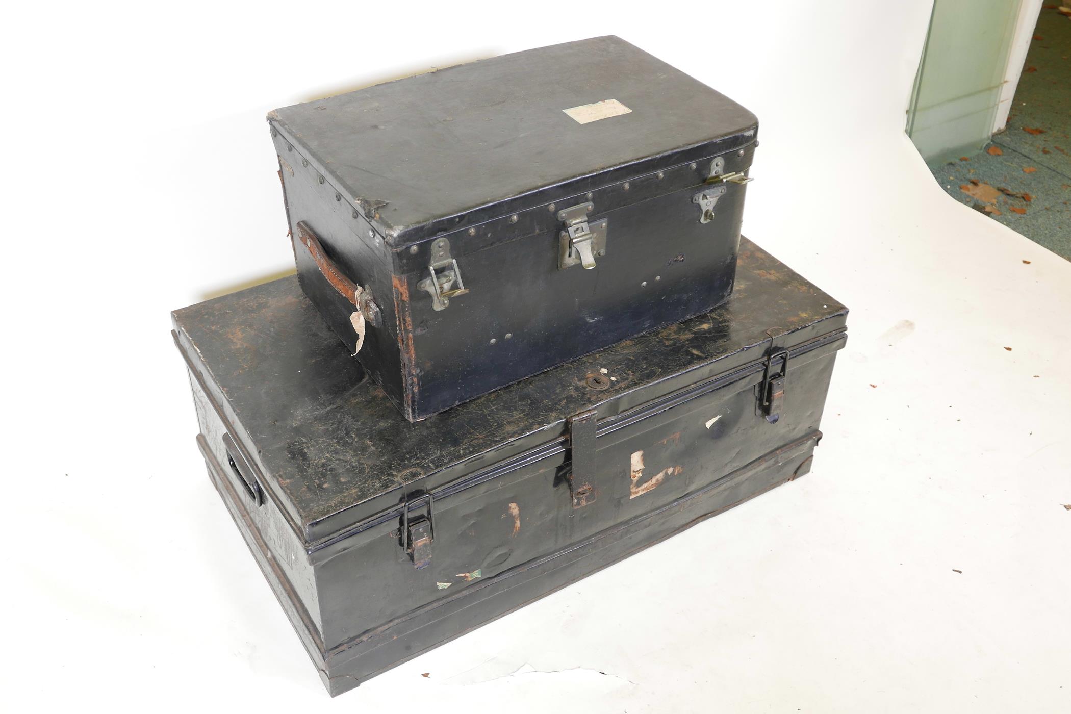 A 'Finnigans' canvas and leather bound travel trunk together with a tin trunk, largest 36" x 21", - Image 2 of 5