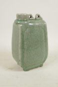 A Chinese olive crackle glazed porcelain flask with two lugs, 8½"