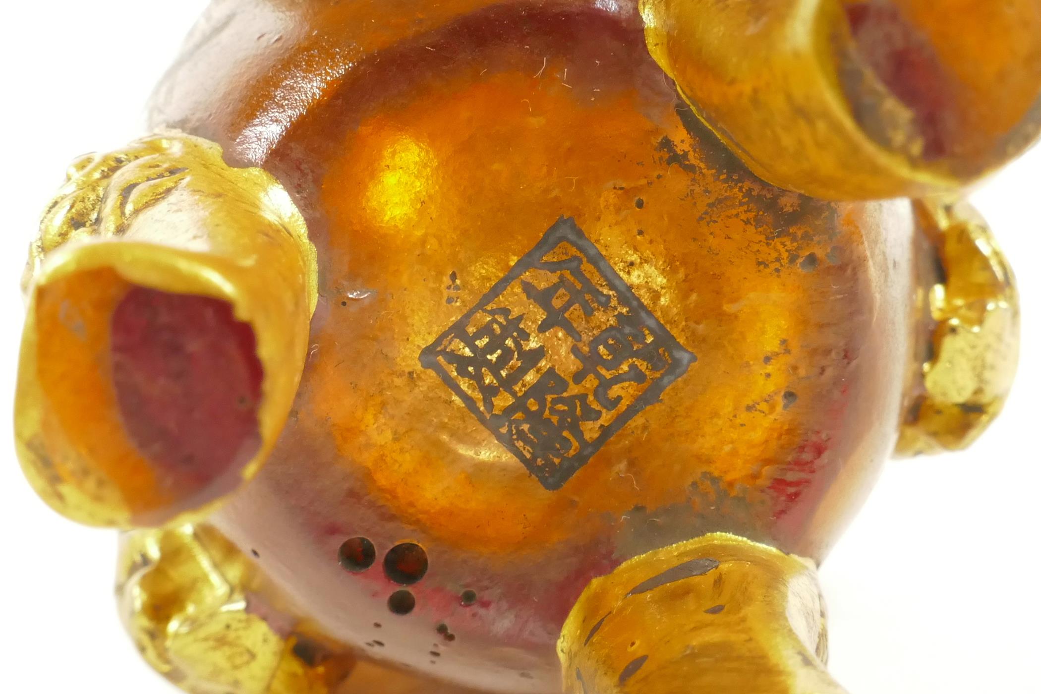 A Peking glass censer and cover on tripod supports with three raised and gilt depictions of Buddha - Image 4 of 4