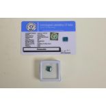 A 2.30ct bluish/green moissanite, emerald cut, certified by Gemological Laboratory of India, with