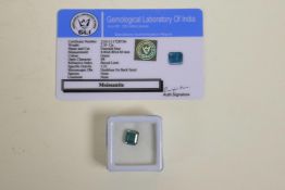 A 2.30ct bluish/green moissanite, emerald cut, certified by Gemological Laboratory of India, with