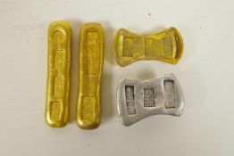 Three Chinese gilt metal trade tokens/ingots, and another in white metal, largest 3½" long