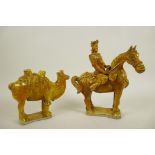 A Chinese treacle glazed porcelain figure of a warrior on horseback, 8¼" high, A/F, together with