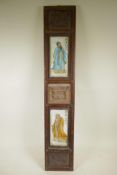 A Chinese carved wood wall panel with two porcelain panels decorated with dignitaries, 37" x 7"