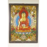 A Sino-Tibetan painted composition panel depicting a Buddhist thangka, 22" x 29½", A/F