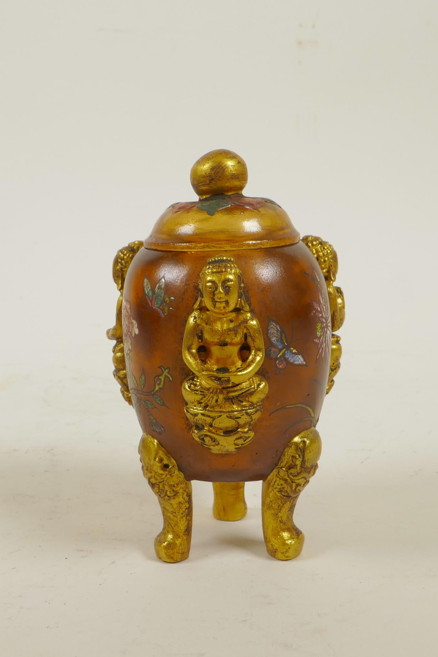 A Peking glass censer and cover on tripod supports with three raised and gilt depictions of Buddha - Image 3 of 4